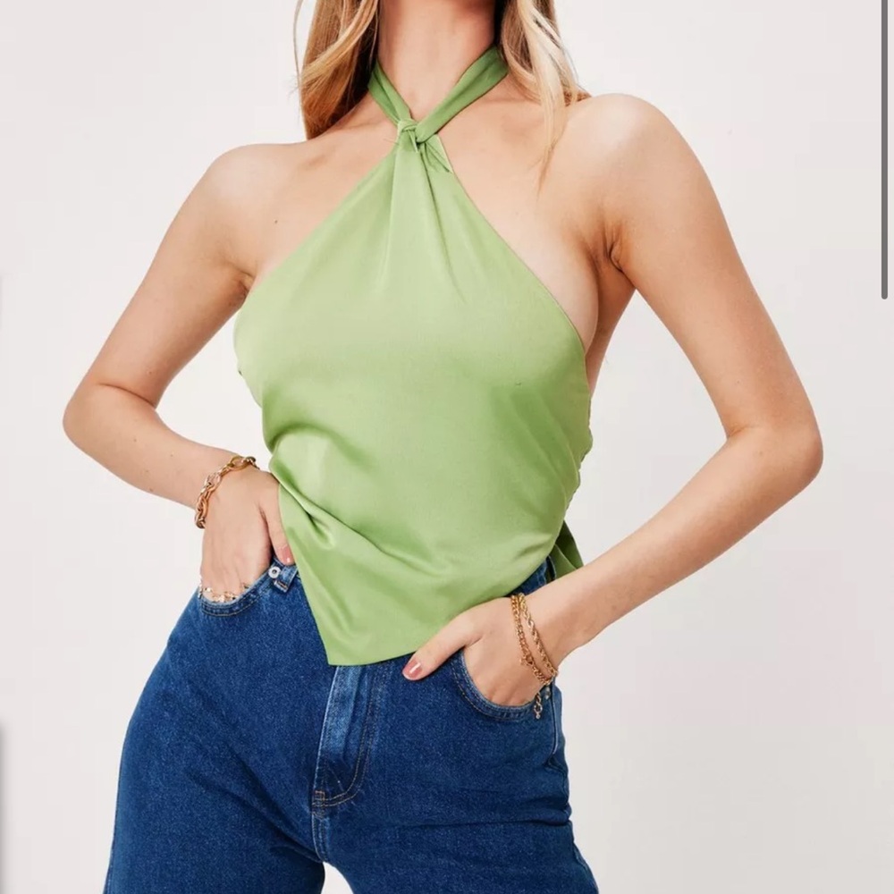 Green Satin Backless Halter Top